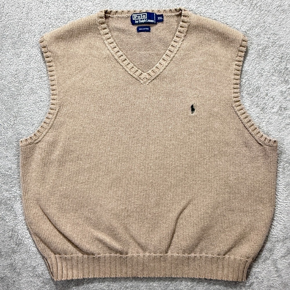Vintage Polo Ralph Lauren Sweater Vest Mens XXL Beige V Neck Pony‎ Knit Pullover